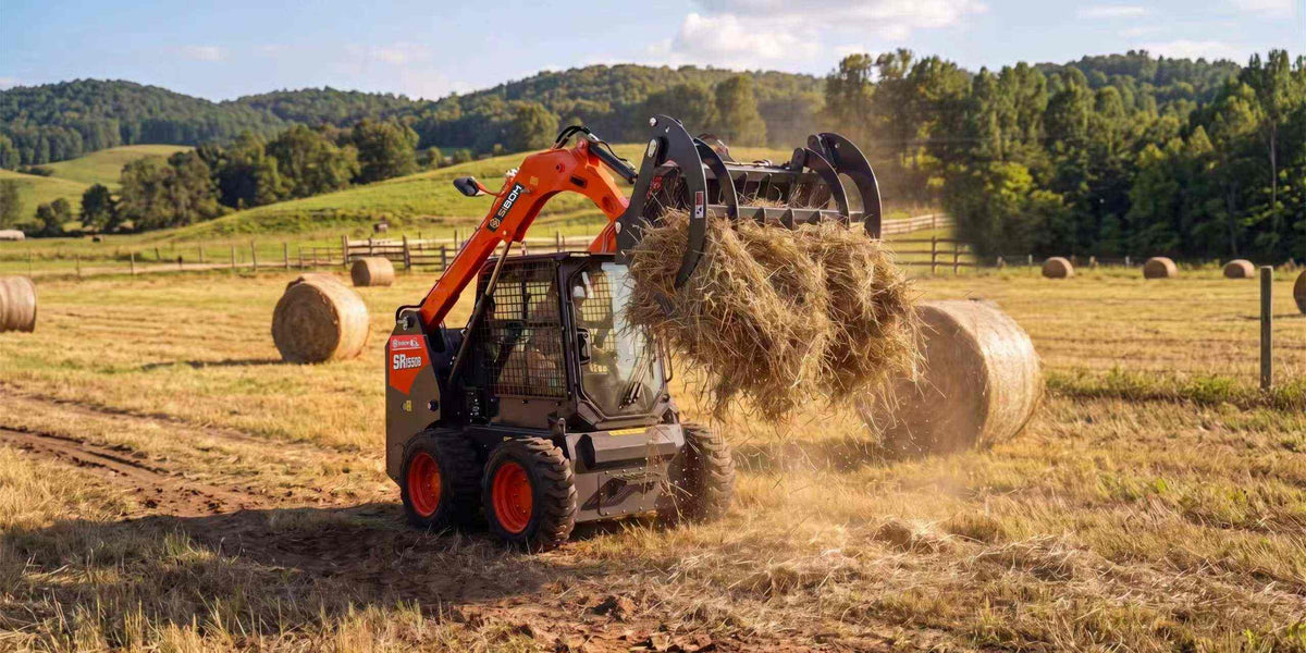 Sibom loader with grapple handling hay in agriculture